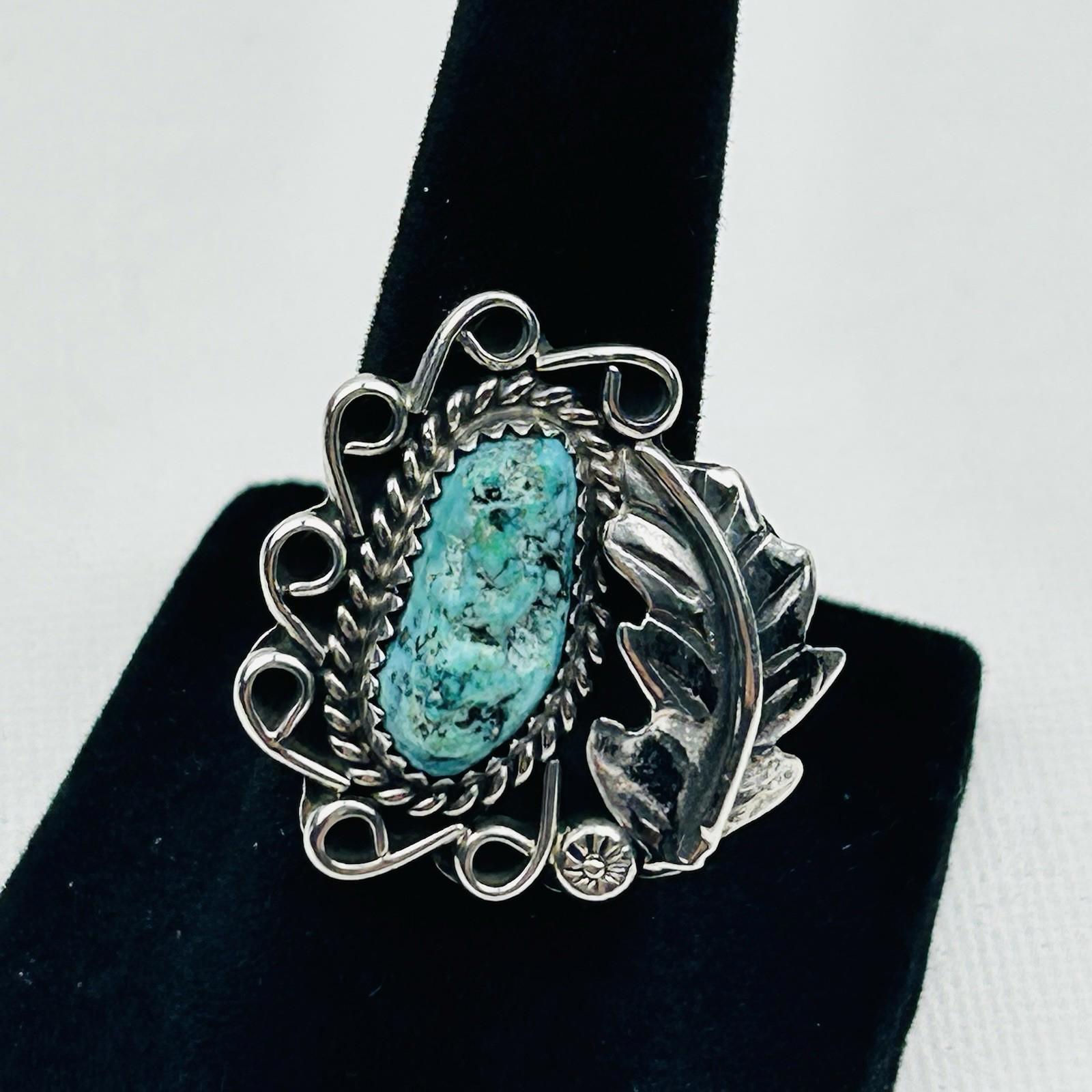 Native American Turquoise Sterling Silver Ring Old Pawn Style Leaf Motif Sz5.25